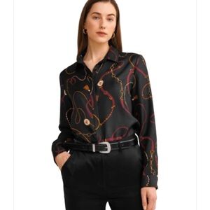 LilySilk Louisville Print 100% Mulberry Silk Equestrian PrintButton Down Shirt L